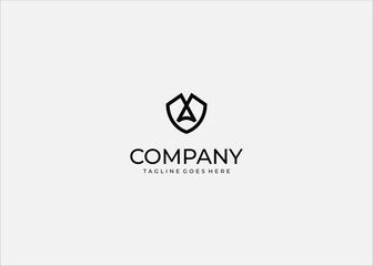 Abstract shield logo with letter A, black geometric protection symbol and triangle design, modern minimal vector icon for security, defense, and branding.
