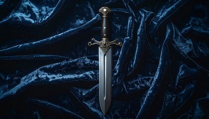 Ornate sword on blue velvet.