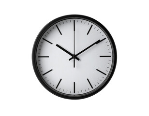 Circular analog clock displays time on a bright white face with stark black hands and markers against a solid black backdrop, creating a minimalist composition.
