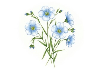 Watercolor Blue Flax Flowers Bouquet on White Background Floral
