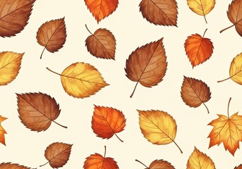 Watercolor Autumnal Leaves Pattern with Fall Colors on a Creamy Background