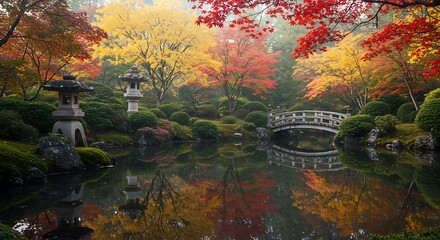 Autumn Japanese Garden: Vivid Fall Colors Reflected in Pond with Traditional Stone Lanterns and Bridge