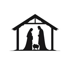 The Holy Family in Silhouette: A stark and serene depiction of the nativity scene, rendered in elegant black silhouette, showing a humble shelter, with Mary, Joseph, and baby Jesus.