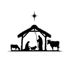 Fototapeta premium Sacred Nativity Scene: A silhouette portrayal of the holy family in the manger, surrounded by animals, stars and grass. It's a simple yet profoundly moving symbol of faith and the holiday season.