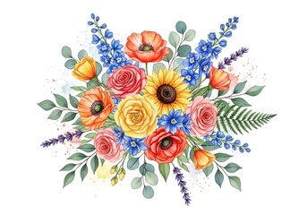 Watercolor Floral Bouquet Featuring Roses, Sunflower, Poppy, and Blue Delphinium