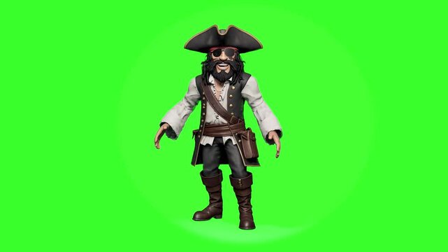 A detailed 3D pirate character in traditional gear, including a tricorn hat and eyepatch, standing against a chroma key green background. Perfect for gaming trailers, adventure-themed videos, and stor