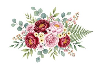 Watercolor Floral Bouquet with Roses, Peonies, Ferns, and Eucalyptus Leaves on White