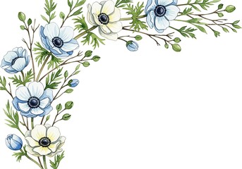 Watercolor Floral Corner Arrangement Anemones, Buds, Greenery, White Background