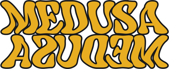 Golden Yellow Groovy Medusa Wordmark with Mirrored Reflection. Retro Psychedelic Typography.