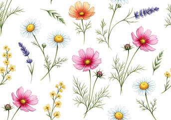 Watercolor floral pattern with cosmos, daisy, lavender and buttercup flowers