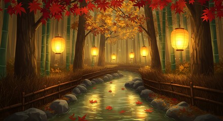 Serene Autumn Forest Path with Glowing Japanese Lanterns and Bamboo Trees