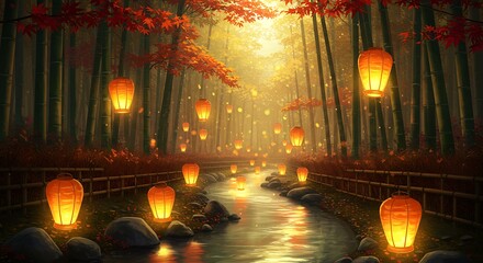 Enchanted Autumn Forest Stream with Glowing Lanterns