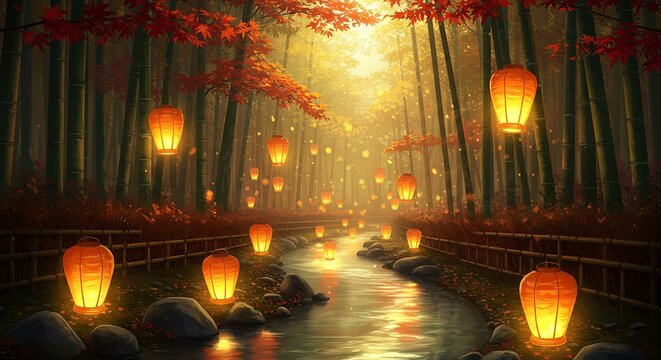 Enchanted Autumn Forest Stream with Glowing Lanterns - Powered by Adobe