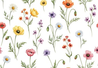 Watercolor Floral Pattern with Poppy Flowers and Daisy on White Background Design