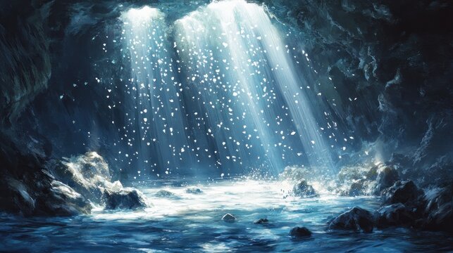 Sunbeams penetrating deep ocean water, illuminating a scattering of marine snow falling towards a dark abyssal cave.