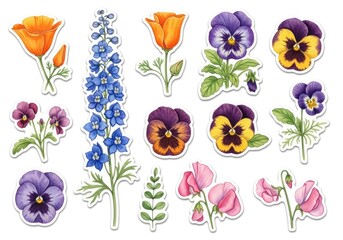 Watercolor Floral Stickers Pansies, Poppies, Delphinium on Transparent Background
