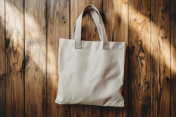 Eco friendly canvas tote bag on rustic wooden background perfect for shopping or everyday use showcasing its simple