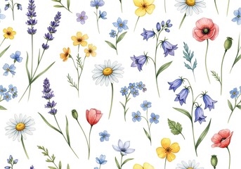 Watercolor Flower Pattern, Daisy, Bellflower, Lavender, Poppy and ForgetMeNot on White