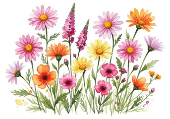 Watercolor Flower Meadow With Daisies, Poppies And Other Wildflowers, Isolated Design
