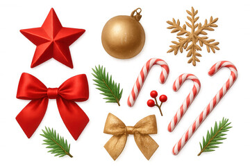 Christmas decorations set illustrating holiday festive elements, including stars, baubles, bows, candy canes, and snowflakes. Transparent background