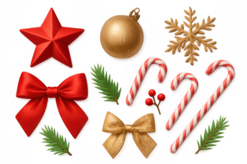 Christmas decorations set illustrating holiday festive elements, including stars, baubles, bows, candy canes, and snowflakes. Transparent background