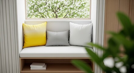 Window seat with white, grey and yellow pillows, view of blooming tree outside, indoors
