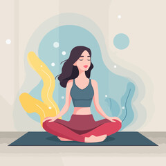 Flat vector clean minimal illustration of young woman practicing yoga lotus pose meditation on mat for calm health spiritual balance lifestyle