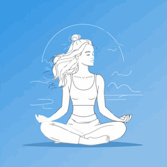 Flat clean vector illustration of young woman practicing yoga lotus pose on mat for meditation relaxation spiritual balance and wellness