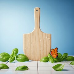Wooden Cutting Board with Water Droplets, Monarch Butterfly, and Fresh Basil Leaves
