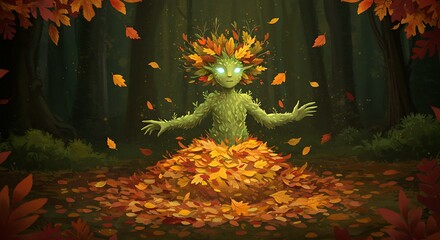 Whimsical Autumn Leaf Spirit Emerging from Pile of Fallen Foliage in an Enchanted Forest