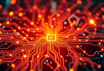 Abstract glowing digital circuit board with nodes and connections,  code,  electric