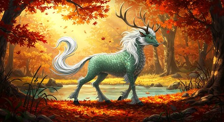 Enchanted Antlered Forest Creature with Green Fur in Vibrant Autumn Woods by a Pond with Golden Light
