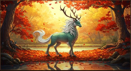 Enchanted Forest Creature with Antlers in Vibrant Autumn Woods, Golden Leaves & Water Reflection