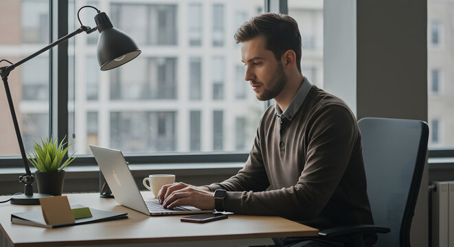 Man working on laptop in modern office space