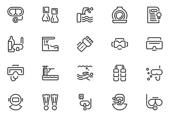 Diving line icon set. Related to dive, pool, swimwear, swimmer and more. Set of line pictogram. Swimming simple icon set. Thin outline icons pack. Vector illustration
