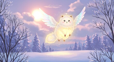 Magical glowing winged fluffy animal flying over a serene snowy winter landscape at sunrise