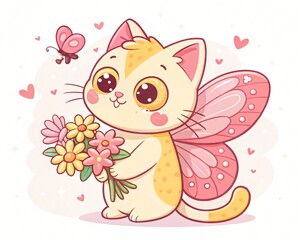 A whimsical cartoon kitten with oversized bright eyes and pink butterfly wings holds a colorful floral bouquet