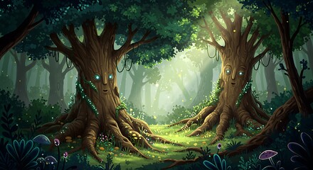 Enchanted Forest with Ancient Spirit Trees and Glowing Eyes. Magical Fantasy Landscape Illustration.