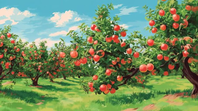 An orchard, filled with apple trees laden with red fruit, stretches into the distance beneath a blue sky dotted with clouds