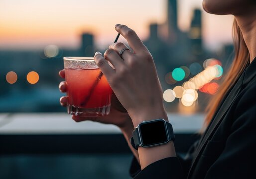 Woman holding cocktail on a rooftop with city view at sunset.