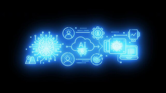 Digital transformation concept with artificial intelligence, showing glowing icons of a neural network, cloud services, and interconnected user devices