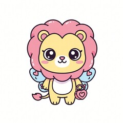 Obraz premium Adorable kawaii lion character with a pink mane blue heart wings and a small heart shaped bag