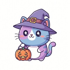 Kawaii style pastel blue and purple cat wearing a pointed witch hat carrying a carved Halloween pumpkin basket