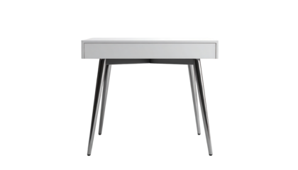 Modern, minimalist white desk with a single drawer and sleek, chrome legs is isolated against a stark black background.