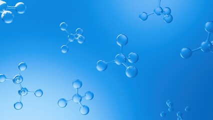 Floating molecules on a gradient blue background in a clean 3D render. The abstract scene suggests biochemistry, health innovation, and medical research.