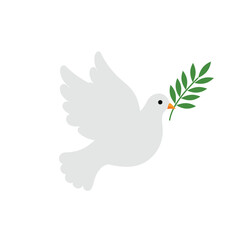 Obraz premium White dove in flight holding a green olive branch in its beak, symbolizing peace and hope.