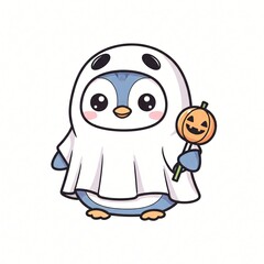 Fototapeta premium An adorable cartoon penguin character wearing a white ghost costume holding a cheerful jack o' lantern lollipop