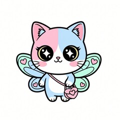 Fototapeta premium Cute cartoon cat with a split pink and blue face large sparkling eyes fairy wings and a heart shaped purse