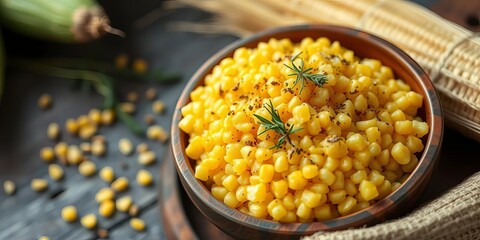 Coarse yellow corn grits in a wooden bowl, rustic setting, cuisine, ingredients