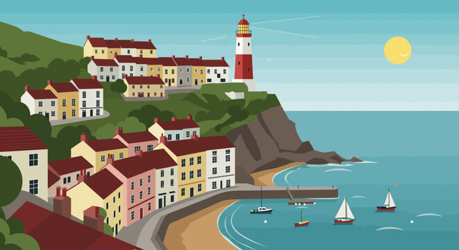 A charming flat design illustration of an English coastal town, showcasing a lighthouse on a cliff, colorful terraced houses, and a peaceful harbor with boats. 